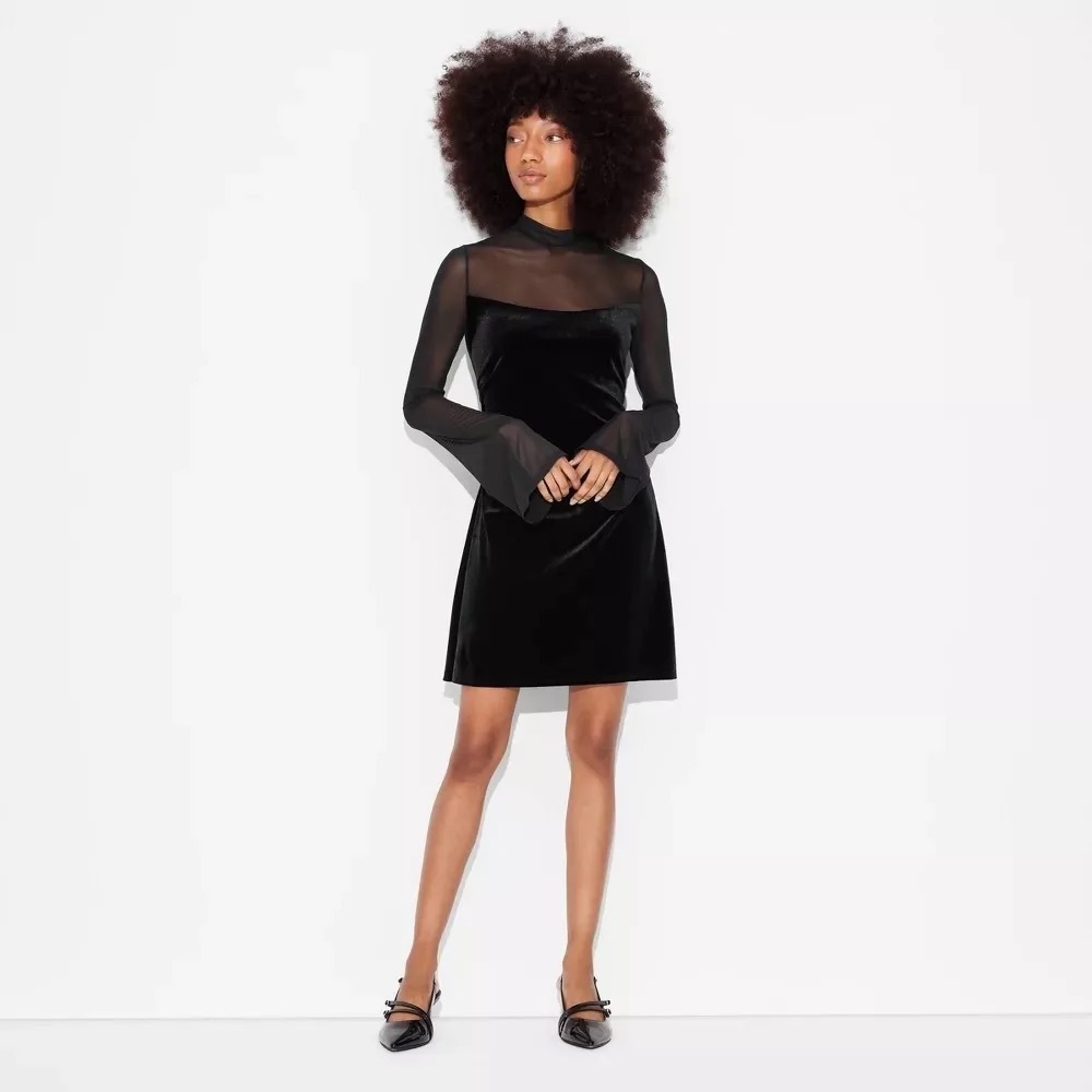 Wild Fable Black Bell Mesh Long Sleeve Dress